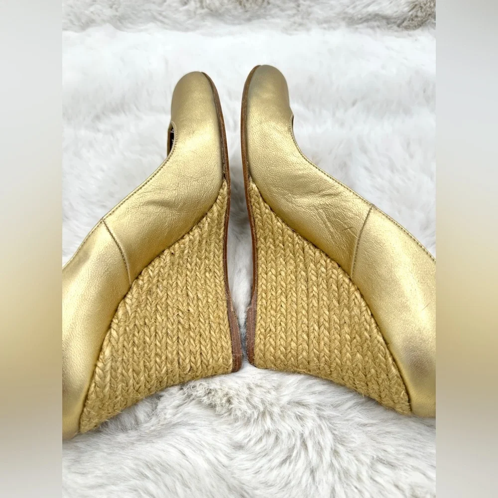 Lanvin Gold Metallic Leather Jute Wedge Sandals‎ Women’s 39 US 9